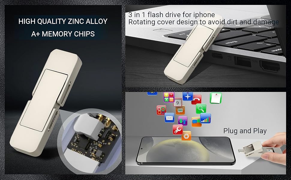 Text reads: 'HIGH-QUALITY ZINC ALLOY', 'A1 MEMORY CHIPS', 'Plug and Play'. Multiple images showing electronic device with memory storage capabilities and connection interface.
