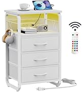 runjuly Bed Side Table with 3 Fabric Drawers, White Night Stand, LED Nightstand with Hooks, Bedsi...