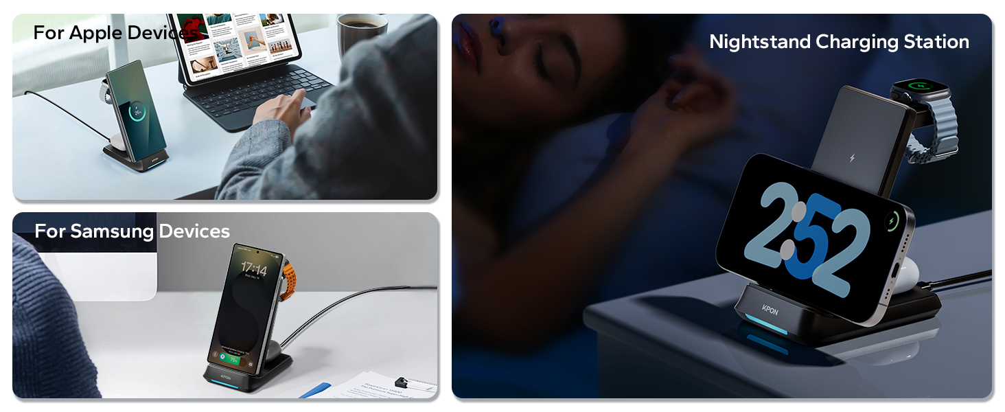 Text reads 'Magnetic Charging Stand'. Multiple angles of a charging device or stand shown in dark environment with illuminated elements.