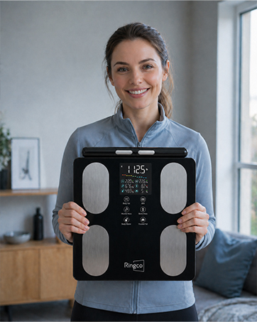 A woman holds up a body fat scale for display.