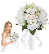 Qeedy Wedding Bouquet for Bride – 8 Inch Artificial Silk Roses, Realistic Bridal &amp; Bridesmaid Bou...