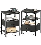 SUPERJARE Nightstand Set of 2, Bed Side Tables with Charging Station, Adjustable Fabric Drawer, N...