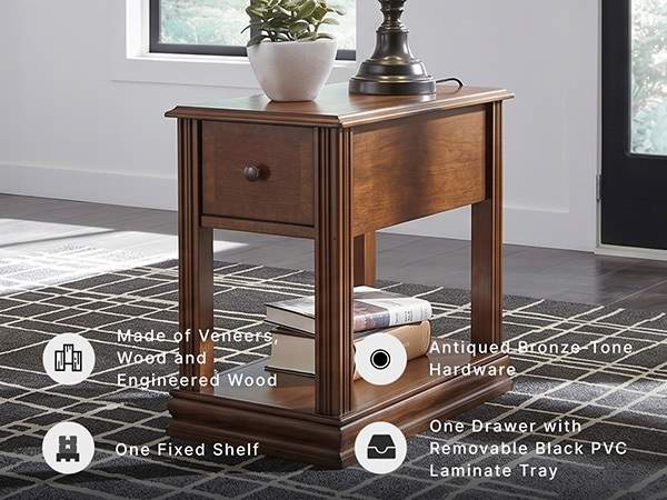 Isolated view of chairside end table with storage drawer in classic dark brown wood finish