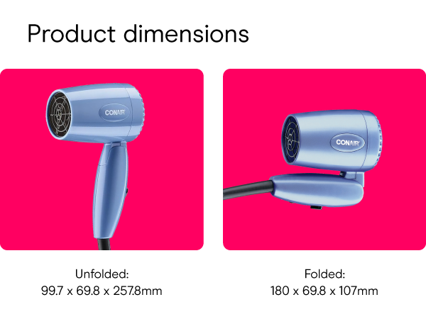 Conair small, mini, and compact hair dryer for travel. Handle folds for easy storage.