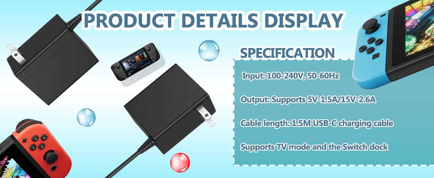 Switch charger, Switch AC Adapter with Switch Lite/Switch OLED/Switch Pro Switch Dock