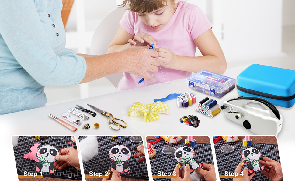 The girl is sewing a doll