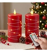 Amagic Real Wax Flameless Candles with Embedded String Lights Set of 2 Red | 3D Wick realistic fl...