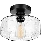 Industrial Semi-Flush Mount Ceiling Light, Seeded Glass Pendant Lamp Shade, Black Farmhouse Light...