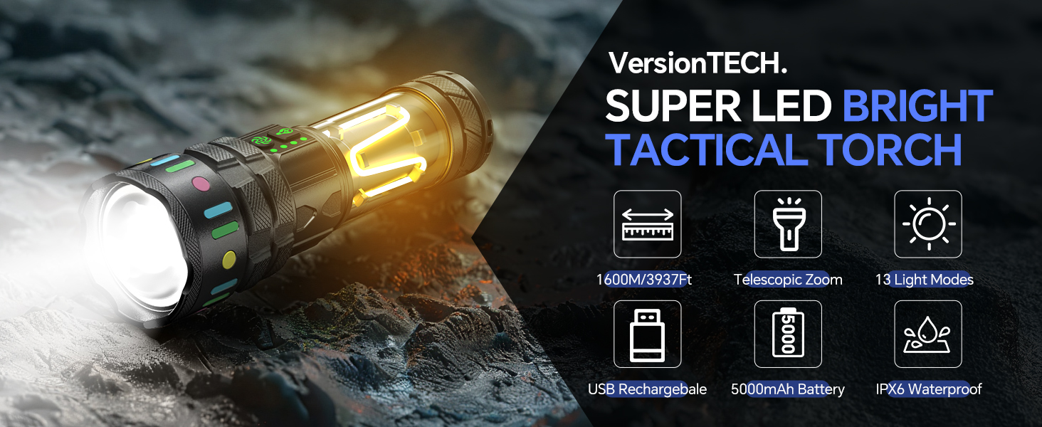 Text reads 'SUPER LED BRIGHT TACTICAL TORCH'. Marketing banner showing tactical flashlight in action with illuminated beam and interface icons.