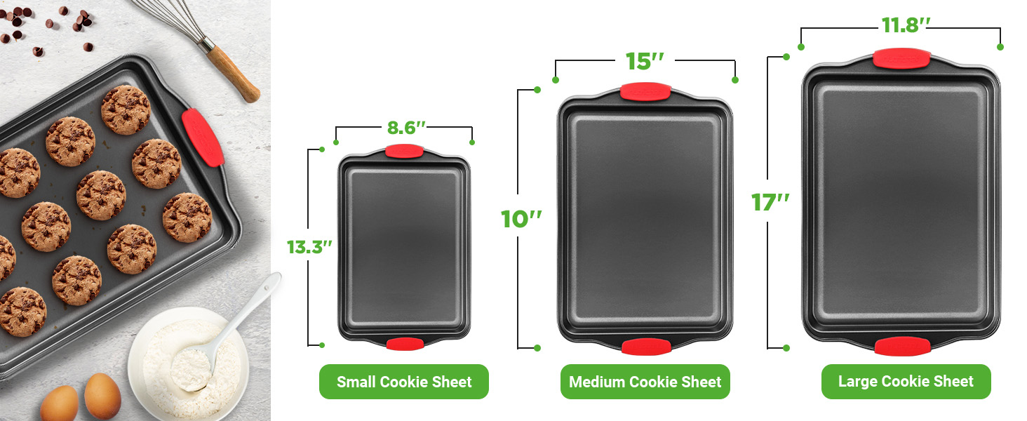 three sizes of baking sheets non stick design for small medium and large cookie sheets for baking