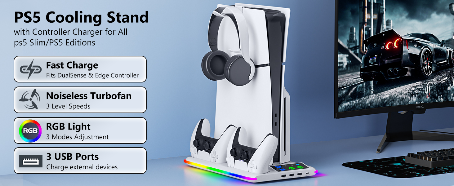 PS5/PS5 Slim Cooling &amp; Charging Station with Cooling Fan,PS5 Stand for Disc &amp; Digital Console