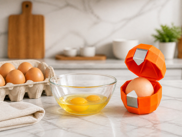 Orange egg cracker beside a bowl of cracked eggs