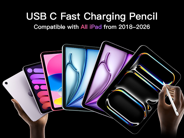 Text reads 'USB C Fast Charging Pencil' and 'Compatible with All iPads from 2018-2023'. Shows stylus device with multiple iPad models displaying colorful screens.