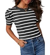 Dokotoo Women's Short Puff Sleeve Knit Tops 2024 Trendy Crewneck Striped T Shirts Casual Summer B...