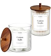 PureRoot Glass Qtip Holder Dispenser Set - 15oz &amp; 10oz Clear Canisters Apothecary Jar with Acacia...