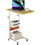TeqHome C Shaped End Table, Height Adjustable C Side Table with Metal Frame, 4 Wheels and Storage...
