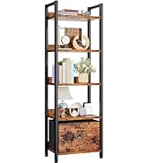 Furologee 5 Tier Bookshelf with Drawer, Tall Narrow Bookcase with Shelves, Wood and Metal Bookshe...