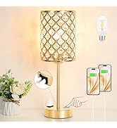Gold Lamp for Bedroom-Crystal Table Lamp with USB-C+A &amp; AC Ports,3-Way Dimmable Bedside Lamp with...