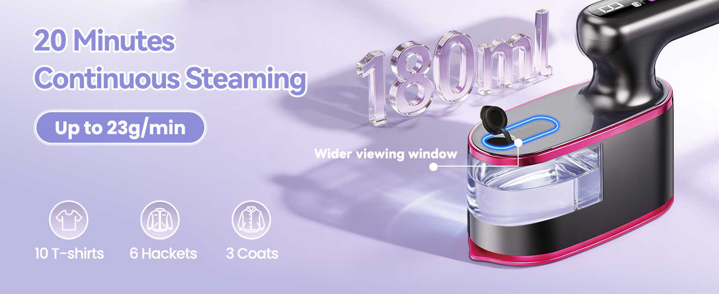 180ML Large Capacity Water Tank for 20 Minutes Continuous Steaming