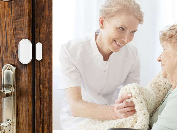 Split image showing: Left - white door sensor or security device mounted on wooden door frame. Right - Healthcare setting scene with caregiver in white uniform providing care.