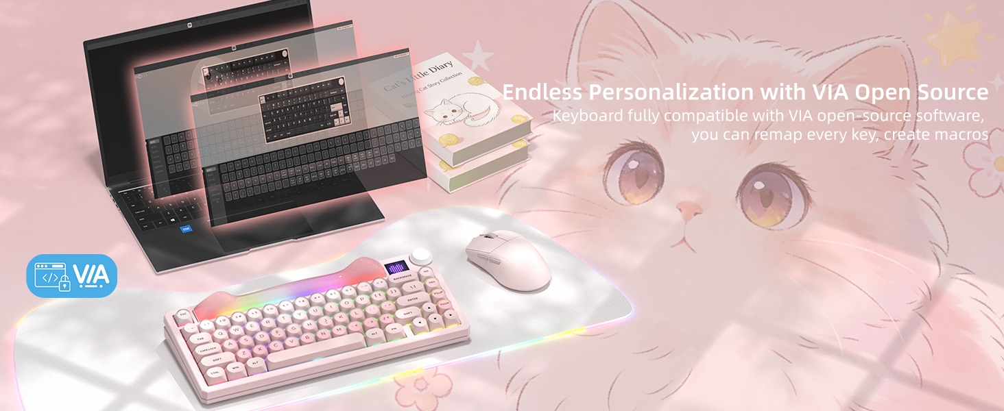 75% Wireless Mechanical Keyboard with Screen and Knob, Pink Cat Creamy Bluetooth Gaming Keyboard