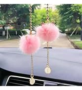 Cute Cat Pom Pom Accessory for Rearview Mirror, Little Fluffy Balls with Monogrammed “HI” Charms ...