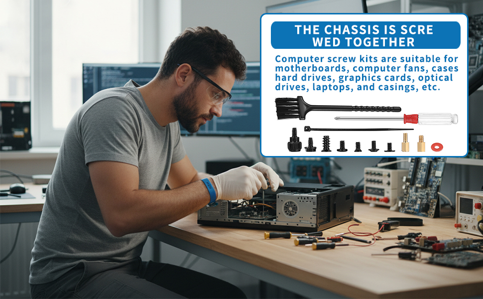 Computer screw kit for assembling or repairing motherboards, hard drives, and casings.