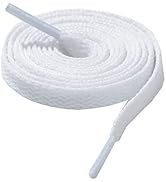 A pair of white, flat shoelaces coiled in a spiral. The laces are wide and textured, with plastic-tipped ends visible.