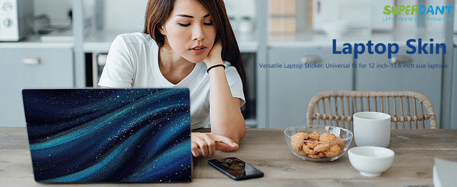 Text reads: 'Laptop Skin'. Woman working at desk with blue laptop, coffee cup and snacks. Shows laptop with decorative skin covering.