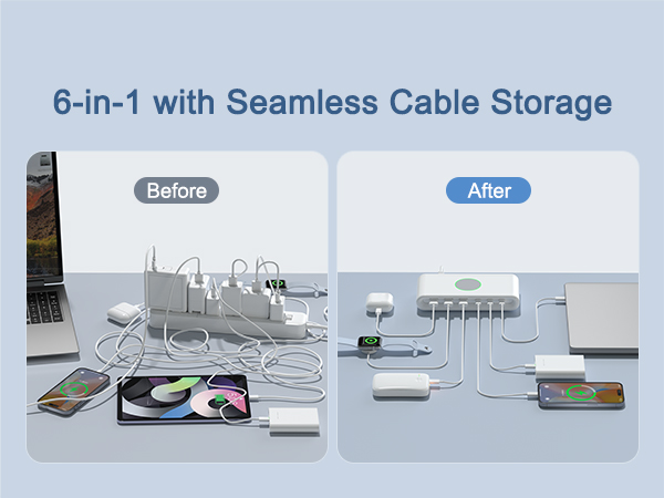6-IN-1 USB charging station, reduce traditional wall adapter, make desktop tidy