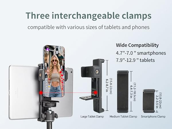 Three interchangeable clamps compatible with various sizes of tablets and phones