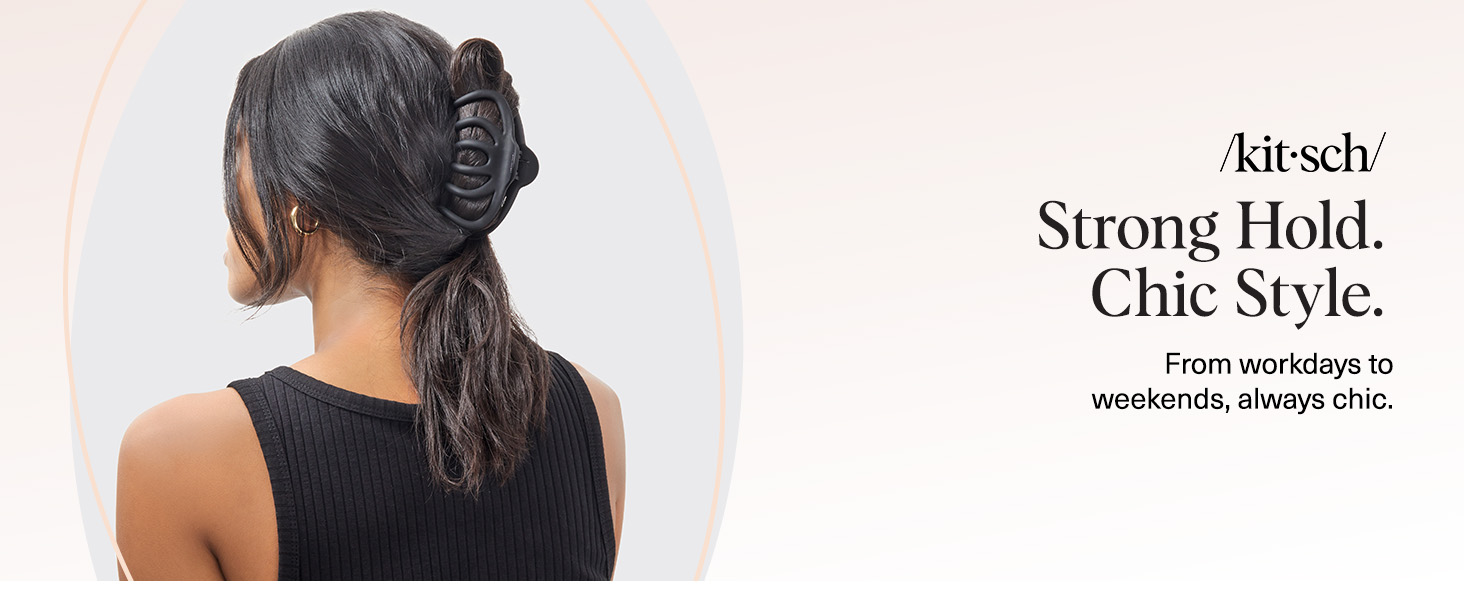 Text reads 'Strong Hold.' and 'Chic Style.' Hair styling product advertisement showing dark hair styling demonstration.