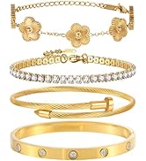GIVCHO 18K Gold Plated Bangle Bracelet Set for Women Stackable Lucky Floral Adjustable Tennis Bra...