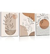 SERIMINO Boho Framed Wall Art Set of 3, Minimalist Wall Decor Living Room, Geometric Line Leaf Su...