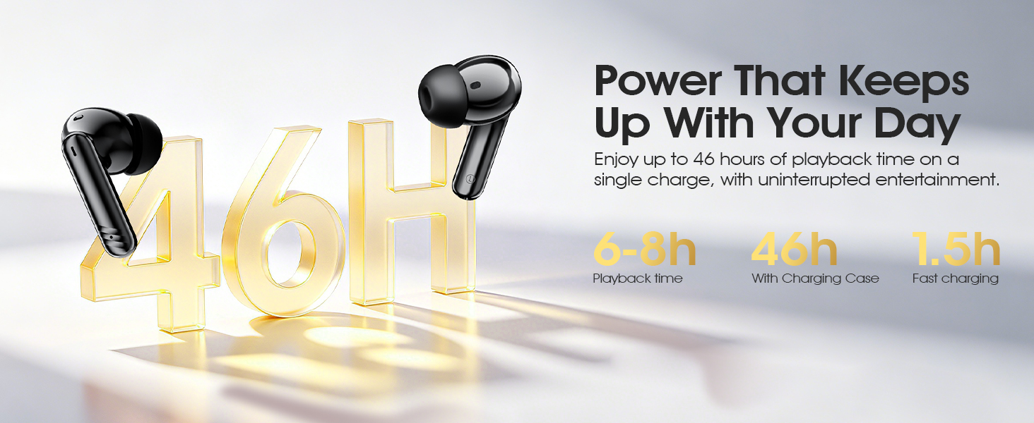 46H total playtime wireless earbuds with fast charging, perfect for long travel.