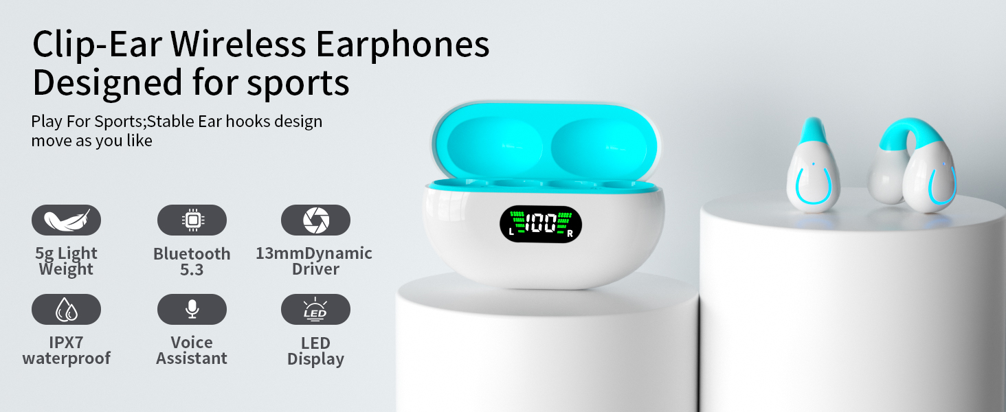 Open Ear Headphones,True Wireless Bluetooth 5.3 Lightweight Comfort Bone Conduction Clip On Earbuds