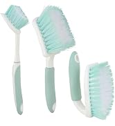 3 Pack Scrub Brush Set, Heavy-Duty Bathroom Scrub Brushes for Cleaning, Green Scrubbing Brush wit...
