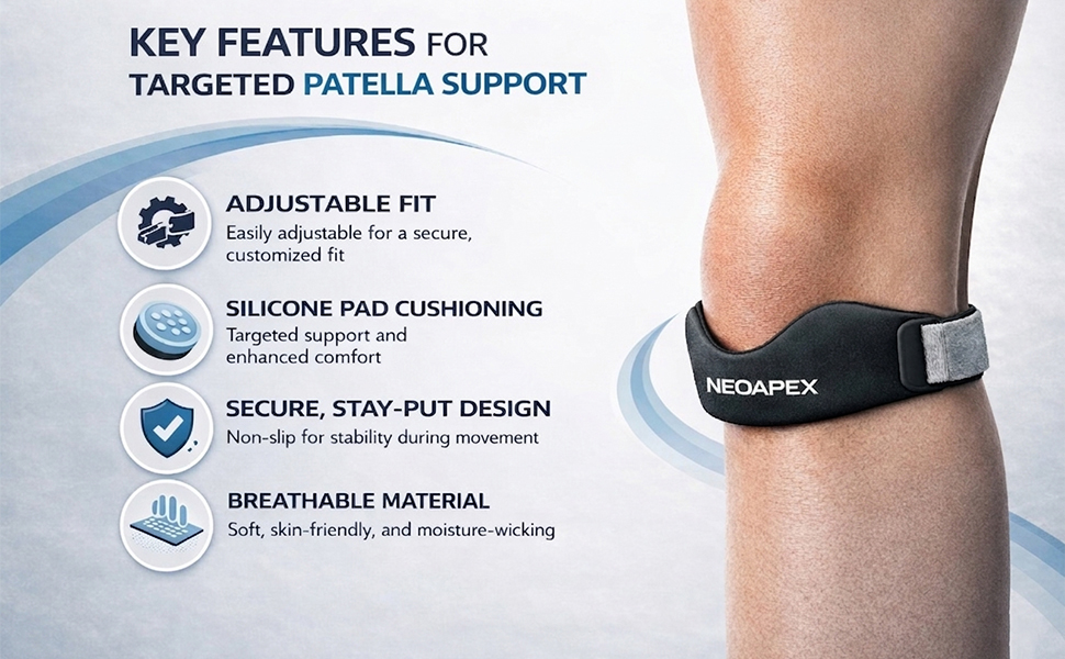 NEOAPEX patella knee strap with adjustable fit, silicone pad, non-slip support, breathable material