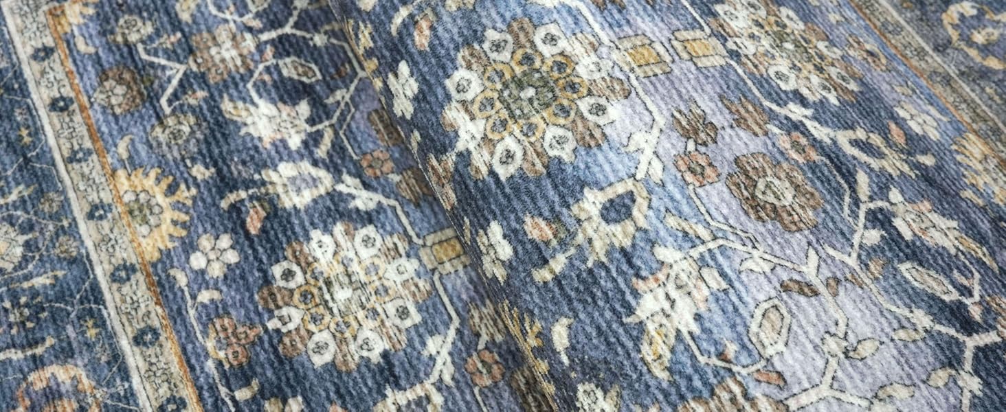 Floral Distressed Print Blue Beige Area Runner Rug