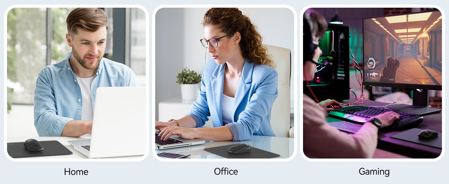 Three-panel image showing laptop use in different settings: home office with man, professional office with woman, and gaming setup with RGB lighting and multiple monitors.