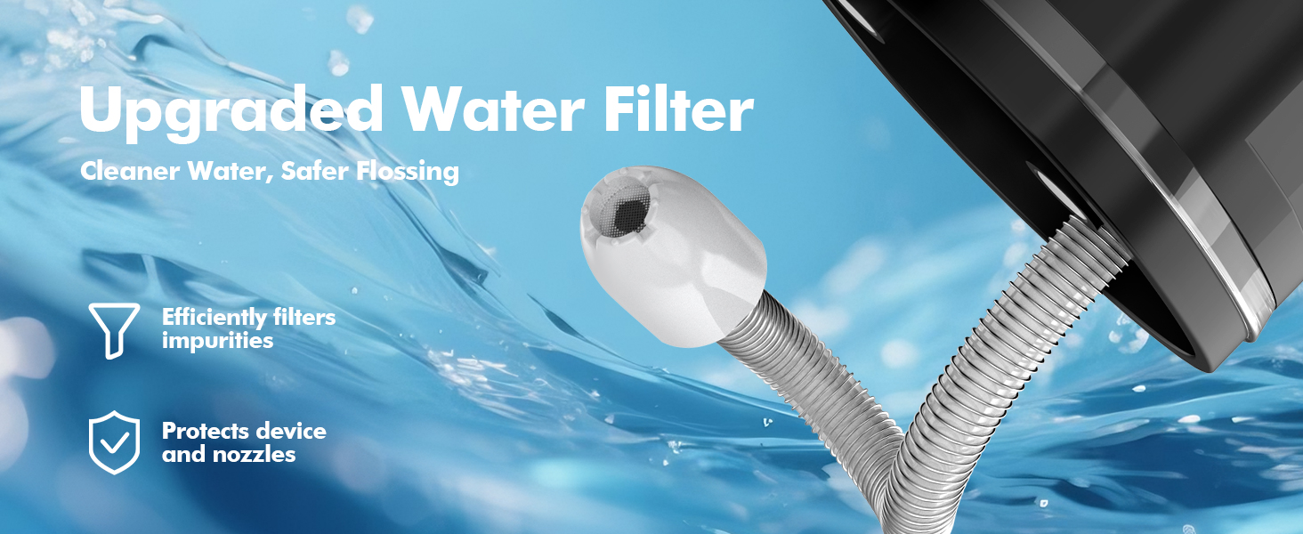 Text reads 'Upgraded Water Filter'. Product image shows chrome faucet attachment with clear filter housing against blue water background.