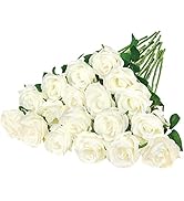 Ouddy Decor 20 Pcs Fake White Roses Artificial Silk Flowers with Long Stems for Valentines Decor ...