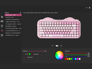 Computer interface displaying pink wireless keyboard design with circular color palette selector and keyboard customization settings on dark background.