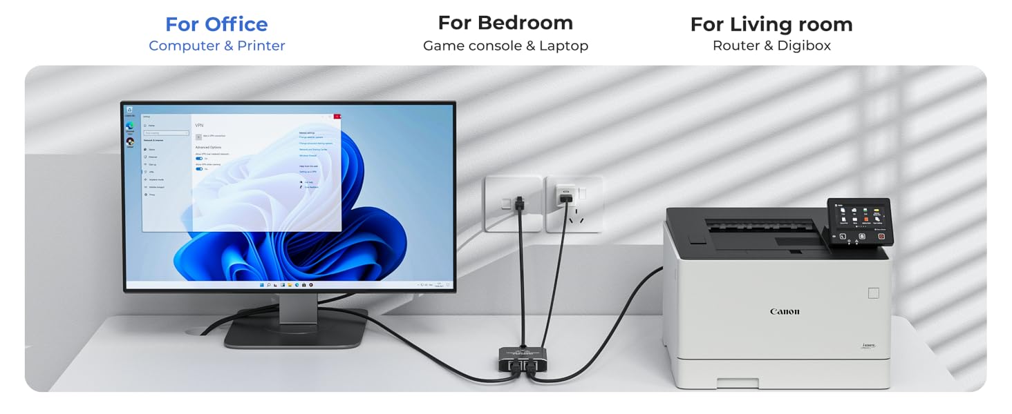 cat 6 splitter 1 in 2 out for office, connects to desktop computers, laptops, or printers