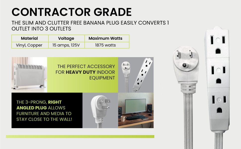 GoGreen Power (GG-19615) 16/3 15’ 3 Outlet Extension Cord, White, 15 Ft Cord