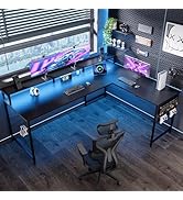 Pamray 64 Inch L Shaped Gaming Desk with Power Outlets and Led Lights, Large Corner Computer Desk...