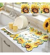 LOKHOM Scalloped Floral Dish Drying Mat, 12"x20" Super Absorbent Coffee Mat with Watercolor Yello...