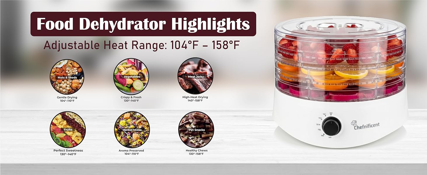 Food dehydrator highlights banner showing adjustable heat range 104°F to 158°F, Chefnificen