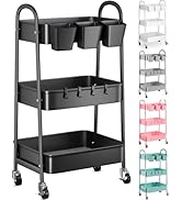 3 Tier Black Metal Rolling Cart with Lockable Wheels and Cups, Three Tiered Utility Storage Organ...