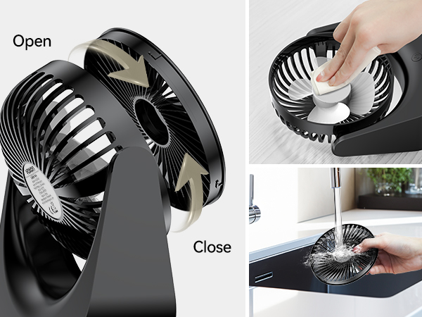 Compact black desk fan with unique blade design. Multiple images show open configuration and hand demonstrating how to close the fan blades.